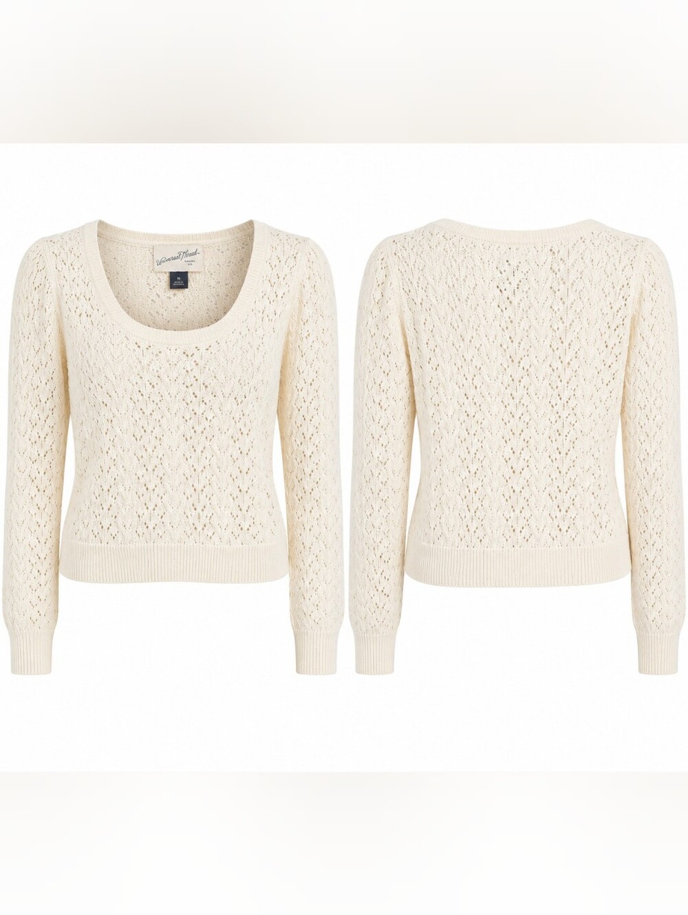 NWT Universal Thread Cream Pointelle Open Knit Scoop Neck Sweater M Neutral